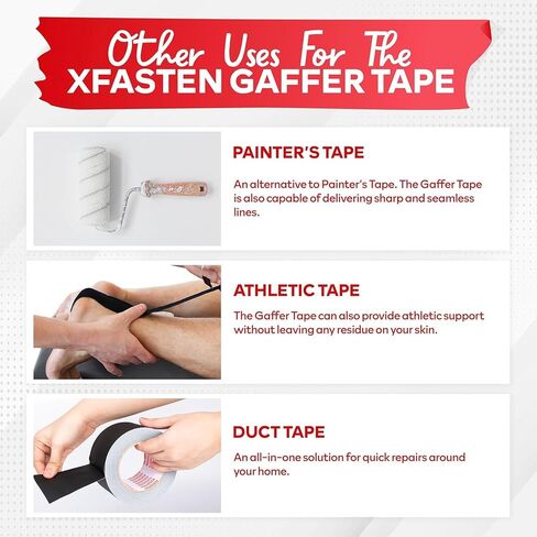 XFasten Black Gaffers Tape 2 Inch x 30 Yards (8-Pack, 720ft) Residue-Free Matte Black Gaffer Tape 2 Inch Non-Reflective Easy-to-Tear Black Gaff Tape 2 Inch Floor Tape for Electrical Cords in Saudi Arabia