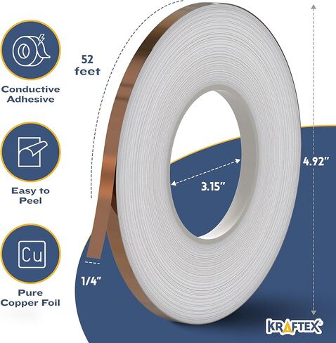 Kraftex Copper Tape 1/8 inch x 66ft. Copper Foil Tape for Stained Glass Soldering with Conductive Adhesive. Great Shielding for Guitars, EMI Shielding, Jewlery Making and Crafts in Saudi Arabia