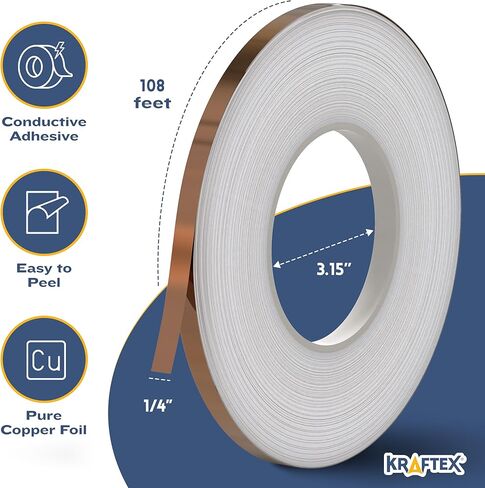 شريط كرافتكس النحاسي [1/4 بوصة × 108 قدم، عبوة من قطعتين]. يُستخدم اللاصق الموصل للشريط النحاسي كشريط رقائق نحاسية للزجاج الملون، أو شريط نحاسي للبزاقات، أو شريط حماية نحاسي للجيتار أو شريط فاراداي. in Kuwait