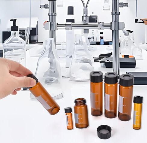 ESHATO 4ML Autosampler Vial, 100 Pack HPLC/GC Vials 9-425 Lab Amber Vials Sample Vial Screw Cap Writing Patch White PTFE and Silicone Septa for LC Stamper in Kuwait