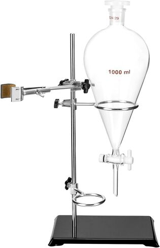 QWORK قمع فصل مخروطي ثقيل الجدار سعة 1000 مل مع تركيب 24/29 ومحبس PTFE + رف دعم التقطير المختبري لاستخراج المعايرة in Saudi Arabia