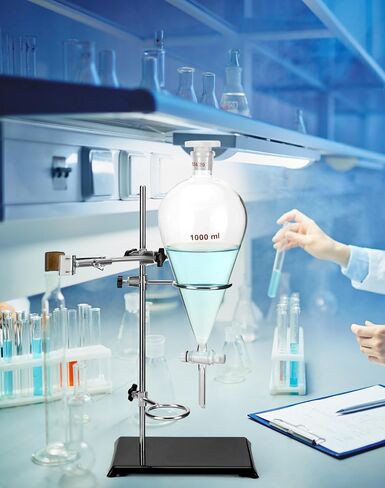 QWORK قمع فصل مخروطي ثقيل الجدار سعة 1000 مل مع تركيب 24/29 ومحبس PTFE + رف دعم التقطير المختبري لاستخراج المعايرة in Saudi Arabia
