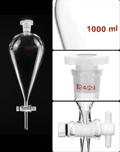 QWORK قمع فصل مخروطي ثقيل الجدار سعة 1000 مل مع تركيب 24/29 ومحبس PTFE + رف دعم التقطير المختبري لاستخراج المعايرة in Saudi Arabia