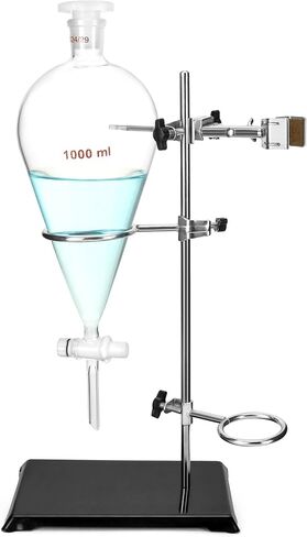 QWORK قمع فصل مخروطي ثقيل الجدار سعة 1000 مل مع تركيب 24/29 ومحبس PTFE + رف دعم التقطير المختبري لاستخراج المعايرة in Saudi Arabia