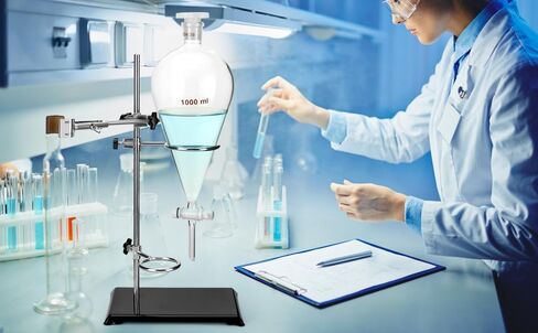 QWORK قمع فصل مخروطي ثقيل الجدار سعة 1000 مل مع تركيب 24/29 ومحبس PTFE + رف دعم التقطير المختبري لاستخراج المعايرة in Saudi Arabia