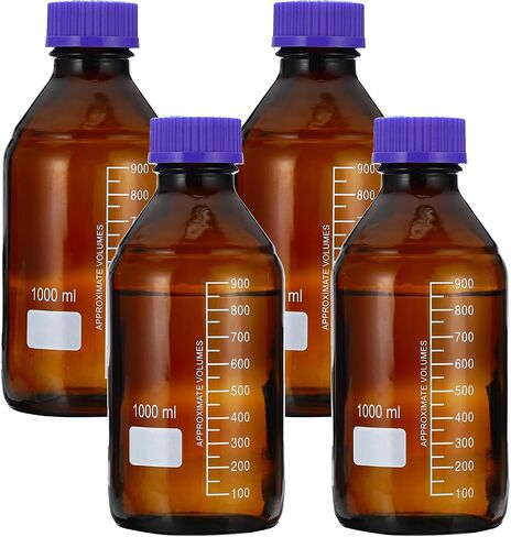 PATIKIL 4 Pack Reagent Media Storage Bottles, 50ml Borosilicate Glass Graduated Round Bottles with GL45 Blue Screw Cap for Lab Water Reagent Liquids, Brown in Saudi Arabia