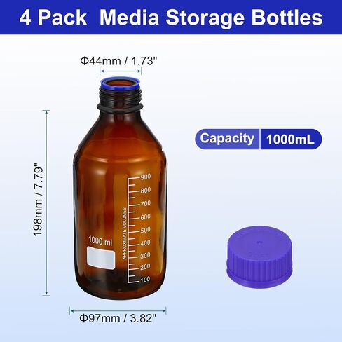 PATIKIL 4 Pack Reagent Media Storage Bottles, 50ml Borosilicate Glass Graduated Round Bottles with GL45 Blue Screw Cap for Lab Water Reagent Liquids, Brown in Saudi Arabia