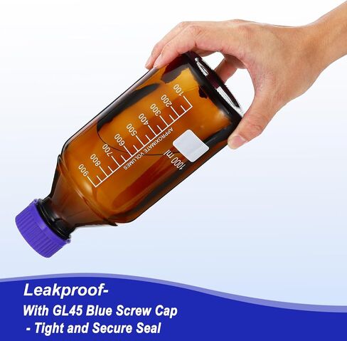 PATIKIL 4 Pack Reagent Media Storage Bottles, 50ml Borosilicate Glass Graduated Round Bottles with GL45 Blue Screw Cap for Lab Water Reagent Liquids, Brown in Saudi Arabia