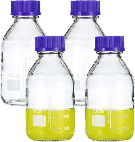 PATIKIL 4 Pack Reagent Media Storage Bottles, 50ml Borosilicate Glass Graduated Round Bottles with GL45 Blue Screw Cap for Lab Water Reagent Liquids, Brown in Saudi Arabia