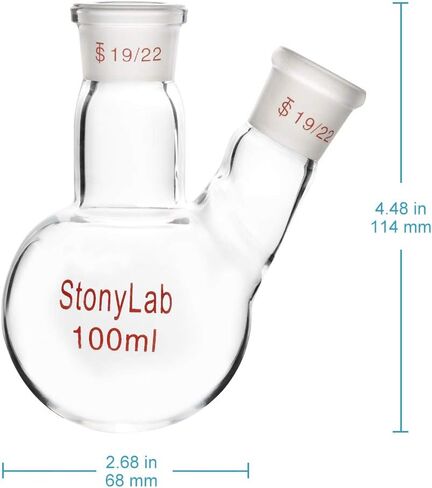 StonyLab زجاج 500 مل جدار ثقيل 2 رقبة مستديرة قارورة RBF، مع مركز 19/22 ومفصل خارجي مدبب قياسي جانبي - 500 مل in Kuwait