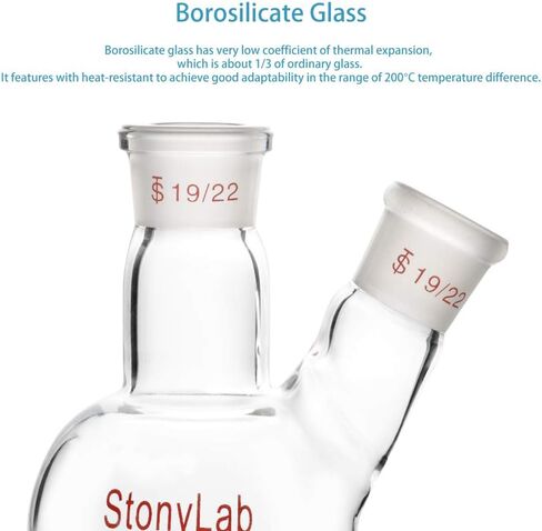 StonyLab زجاج 500 مل جدار ثقيل 2 رقبة مستديرة قارورة RBF، مع مركز 19/22 ومفصل خارجي مدبب قياسي جانبي - 500 مل in Kuwait