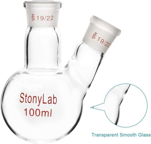 StonyLab زجاج 500 مل جدار ثقيل 2 رقبة مستديرة قارورة RBF، مع مركز 19/22 ومفصل خارجي مدبب قياسي جانبي - 500 مل in Kuwait