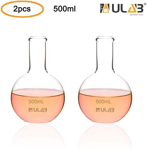 ULAB دورق غليان ذو قاعدة مسطحة، مقاسين 250 مل 500 مل، بوروسيليكات 3.3 مادة زجاجية، UBF1007 in Saudi Arabia