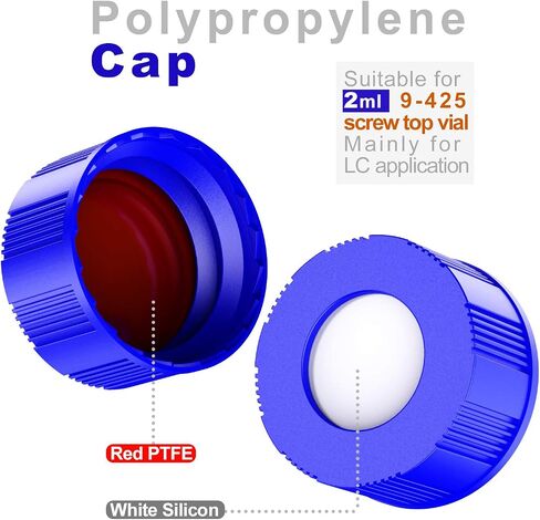 Autosampler Vials Cap,9mm Blue Polypropylene Screw-Thread Caps with Pre-Slit PTFE White/Silicone Blue Septa,6mm Center Hole by Biomed Scientific in Saudi Arabia