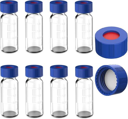 قارورة أخذ العينات التلقائية سعة 2 مل 100 عبوة - قارورة HPLC | 9-425 قارورة كهرمانية مع أغطية لولبية زرقاء | تصحيح الكتابة | التخرج | PTFE الأبيض والسيليكون الأحمر مناسب لعينات LC in Kuwait