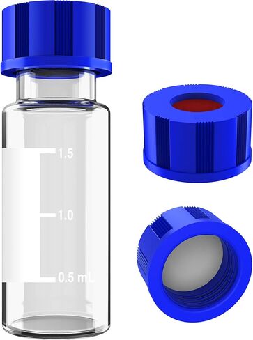 Autosampler Vials 2mL, HPLC/GC Sample Vials, with Writing Area and Graduations, 9-425 Screw Cap, Blue PTFE & White Silicone Pre-Slit Septa, 100 PCS in Kuwait