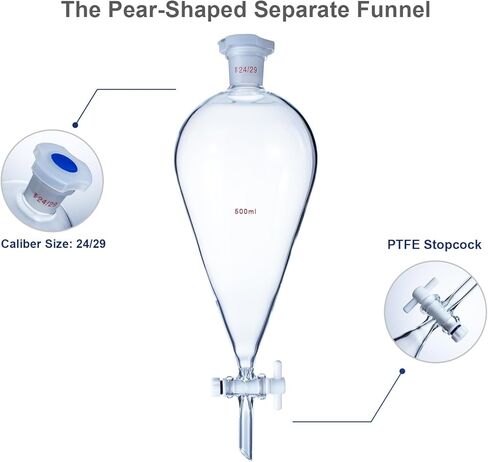 قمع فصل مخروطي من زجاج البورسليكات مع وصلات 24/29 ومحبس PTFE (500 مل) in Kuwait