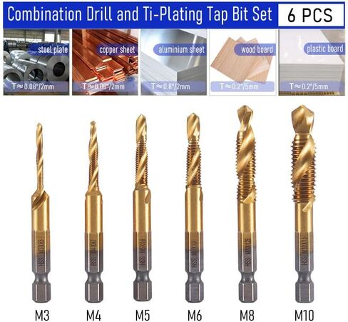 مجموعة لقم الحفر والصنابير المكونة من 6 قطع، متري HSS 4341 M3*0.5، M4*0.7، M5*0.8، M6*1.0، M8*1.25 وM10*1.5 مجموعة حنفية مثقاب ملولبة مع ساق سداسية 1/4 بوصة للحفر والتنصت على الغاطس in Kuwait