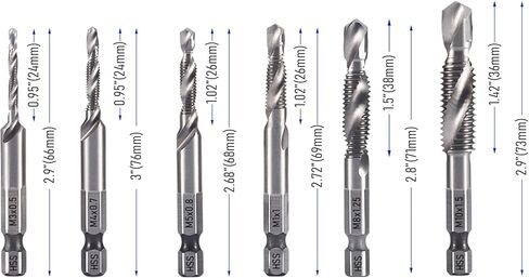 6 PCS Combination Drill and Taps Bit Set, Metric HSS 4341 M3*0.5, M4*0.7, M5*0.8, M6*1.0, M8*1.25 and M10*1.5 Threaded Drill Tap Set with 1/4" Hex Shank for Drilling Tapping Countersinking in Kuwait