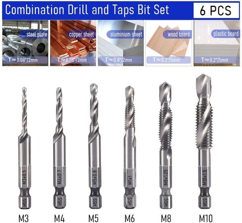 6 PCS Combination Drill and Taps Bit Set, Metric HSS 4341 M3*0.5, M4*0.7, M5*0.8, M6*1.0, M8*1.25 and M10*1.5 Threaded Drill Tap Set with 1/4" Hex Shank for Drilling Tapping Countersinking in Kuwait
