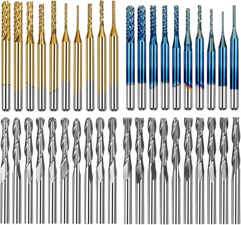 40 قطعة من لقم التوجيه CNC للمطحنة النهائية، لقم نقش CNC بساق 1/8 بوصة، 2 أنف مسطح من الفلوت وطاحونة نهاية من كربيد الأنف الكروي، معطف أزرق نانو ولقم مطحنة نهاية معطف من التيتانيوم in Kuwait