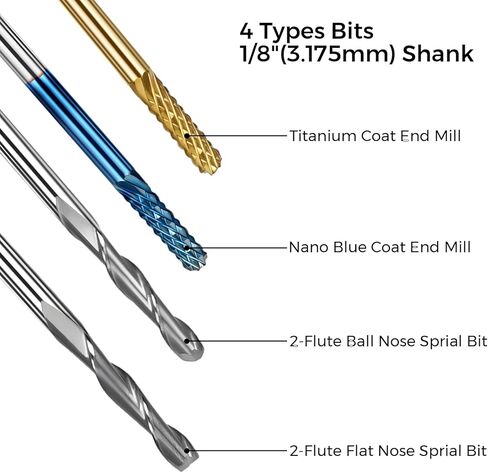 40 قطعة من لقم التوجيه CNC للمطحنة النهائية، لقم نقش CNC بساق 1/8 بوصة، 2 أنف مسطح من الفلوت وطاحونة نهاية من كربيد الأنف الكروي، معطف أزرق نانو ولقم مطحنة نهاية معطف من التيتانيوم in Kuwait