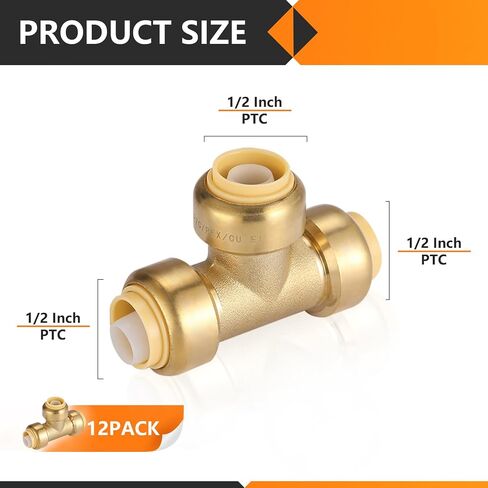 12 حزمة من تي شيرت Pushfit، 1/2"x1/2"x1/2" ادفع لتوصيل تركيبات السباكة بمشبك فصل، تركيبات نحاسية قابلة للدفع لأنابيب PEX، النحاس، CPVC، PE-RT in Kuwait