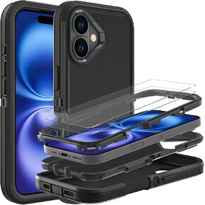 YKHJKLEC for iPhone 16 Case, Military Grade 3 in 1 Heavy Duty Shockproof/Drop Proof/Dust Proof Case with 2Pcs Tempered Glass Screen Protector (Black/Grey) in Saudi Arabia