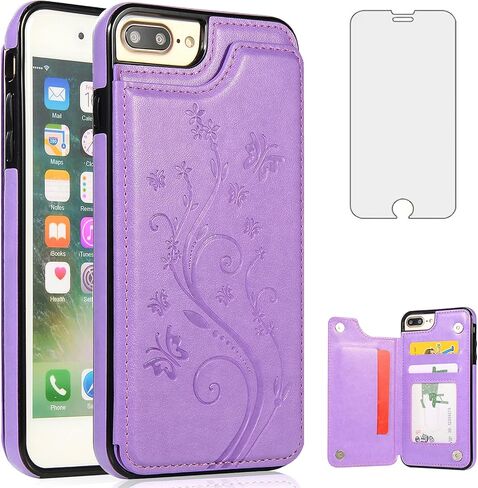 علبة الهاتف لـ iPhone 7Plus 8Plus 7/8 بالإضافة إلى حامي الشاشة الزجاجية المقسى وحامل البطاقة محفظة محفظة ، غطاء خلايا جلدية in Kuwait