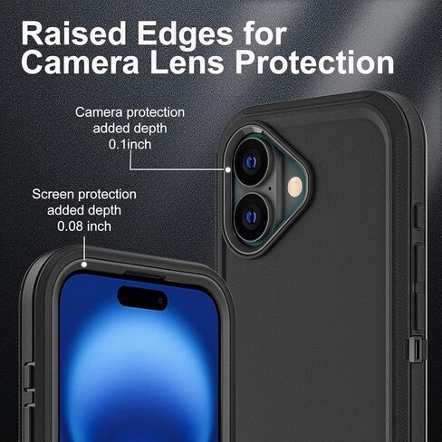 YKHJKLEC for iPhone 16 Case, Military Grade 3 in 1 Heavy Duty Shockproof/Drop Proof/Dust Proof Case with 2Pcs Tempered Glass Screen Protector (Black/Grey) in Saudi Arabia