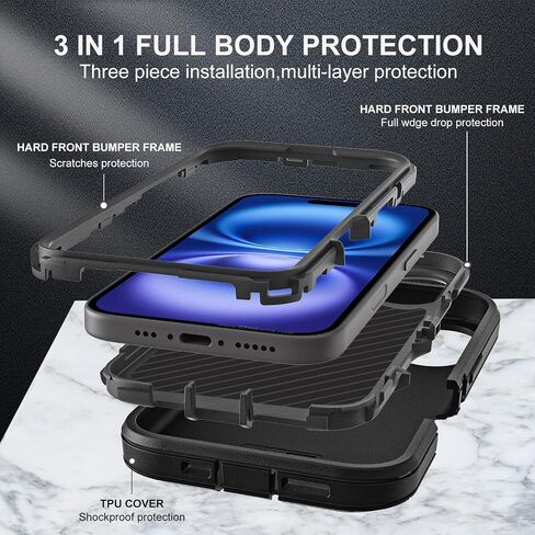 YKHJKLEC for iPhone 16 Case, Military Grade 3 in 1 Heavy Duty Shockproof/Drop Proof/Dust Proof Case with 2Pcs Tempered Glass Screen Protector (Black/Grey) in Saudi Arabia