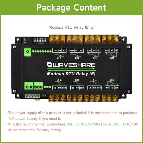 Waveshare Industrial Modbus RTU 8-Ch Relay Module (E) مع RS485 ، 30A تيار مرتفع ، حماية العزلة المتعددة ، عزل Optocoupler ، حماية الصمام الثنائي Flyback ، حالة مثبتة على السكك الحديدية. in Saudi Arabia