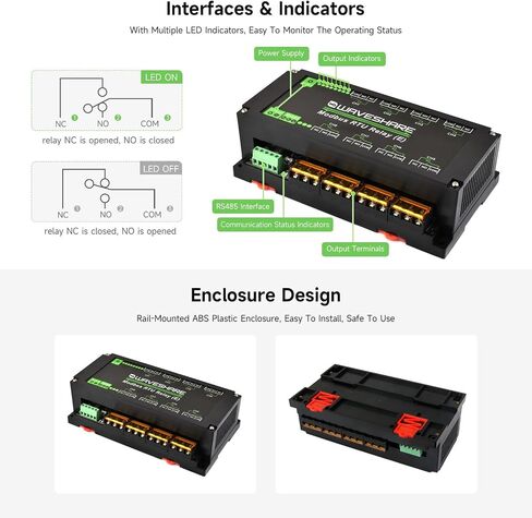 Waveshare Industrial Modbus RTU 8-Ch Relay Module (E) مع RS485 ، 30A تيار مرتفع ، حماية العزلة المتعددة ، عزل Optocoupler ، حماية الصمام الثنائي Flyback ، حالة مثبتة على السكك الحديدية. in Saudi Arabia
