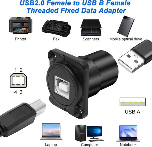 Meiriyfa USB B إلى مقرنة موصل Mount Mount ، من النوع D-Type USB2.0 من النوع B إلى محول محول USB-A الإناث لمحول طابعة الكمبيوتر المحمول للكمبيوتر الشخصي (Sliver) in Kuwait