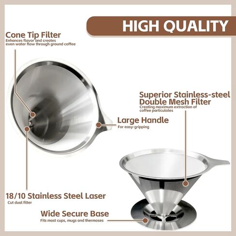 Pour Over Coffee Dripper Stainless Steel Coffee Filter Metal Cone Filter Extra Fine Wire Mesh Reusable Coffee Filter Coffee Maker (Silver, 1-2 Cups) in Saudi Arabia