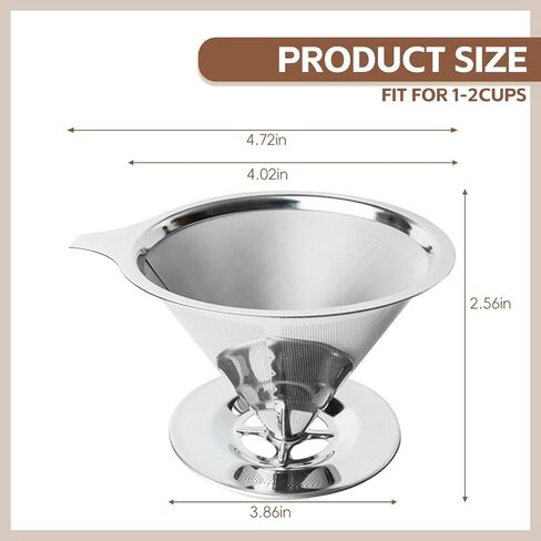 Pour Over Coffee Dripper Stainless Steel Coffee Filter Metal Cone Filter Extra Fine Wire Mesh Reusable Coffee Filter Coffee Maker (Silver, 1-2 Cups) in Saudi Arabia