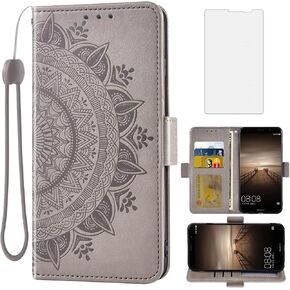 Asuwish Phone Case for Huawei Mate 9 Wallet Cover Tempered Glass Screen Protector Credit Card Holder Flip Purse Wrist Strap Stand Cell Accessories Hawaii Mate9 MHA-L29 Women Men Gray in Kuwait