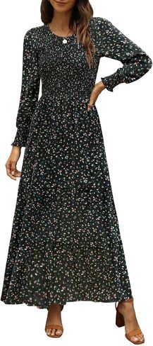 Annebouti Women's 2026 Spring Casual Long Sleeve Maxi Dress Boho Floral Smocked A-Line Modest Wedding Guest Long Dresses in Kuwait