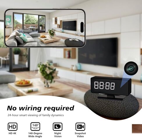 كاميرا Hidden Clock - الكاميرا اللاسلكية الكاملة HD 4K - WiFi Nanny Cam للمنزل الأمان الداخلي - WiFi & Bluetooth Connection الكشف عن حركة الرؤية الليلية الكاملة مع تطبيق التغذية الحية in Kuwait