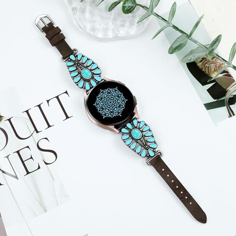 JR.DM Leather Band Women Compatible with Samsung Galaxy Watch 7/6/5/4/Active 2 40mm 44mm/Watch 6 Classic 43mm 47mm/Watch 5 Pro 45mm/Watch 4 Classic 42mm 46mm, Western Boho Turquoise 20mm Straps, Brown in Kuwait