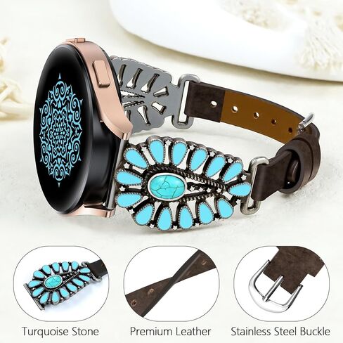 JR.DM Leather Band Women Compatible with Samsung Galaxy Watch 7/6/5/4/Active 2 40mm 44mm/Watch 6 Classic 43mm 47mm/Watch 5 Pro 45mm/Watch 4 Classic 42mm 46mm, Western Boho Turquoise 20mm Straps, Brown in Kuwait