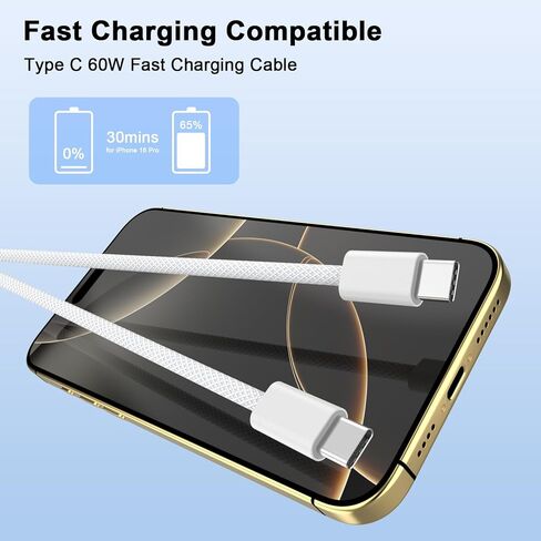 [MFi Certified] USB C to USB C Charging Cable Cord for iPhone 16/16 Plus/16 Pro/16 Pro Max/15/15 Plus/15 Pro/15 Pro Max/Galaxy/Pixel, 2 Pack 60W Woven iPhone 16 Charger Cord 6FT Long, White in Saudi Arabia