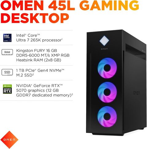 HP Omen 45L Gaming Desktop ، Intel Core Ultra 7 265K ، 16 GB RAM ، 1 TB SSD ، NVIDIA GEFORCE RTX 5070 ، Windows 11 Pro ، Microsoft CoPilot ، Herged Glass ، GT22-3050 (2025) in Saudi Arabia
