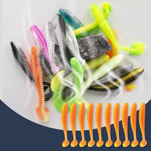 7cm Soft Lure Fishing Bait (Iridescent Orange) 10-Pack - T-Tail Worms for Bass Fishing in Saudi Arabia