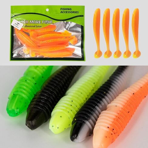7cm Soft Lure Fishing Bait (Iridescent Orange) 10-Pack - T-Tail Worms for Bass Fishing in Saudi Arabia