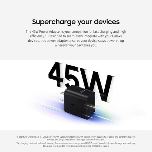 SAMSUNG 45W Wall Charger Power Adapter, Cable Not Included, Super Fast Charging for Galaxy Phones, Tablets and USB Type C Devices, Low Standby Power Consumption, EP-T4511NBEGUS, Black in Kuwait