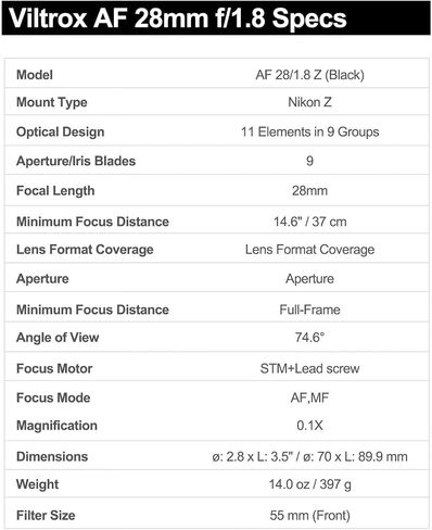 VILTROX 28mm F1.8 Full Frame Lens Auto Focus Lens for Nikon Z Mount Mirrorless Cameras Z5 Z50 Z6 Z6Ⅱ Z7 Z7Ⅱ ZFC Z30 Z9 Z8 in Saudi Arabia