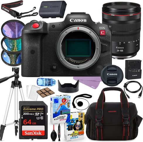 Canon EOS R5 C Mirrorless Cinema Camera with RF 24-105mm USM Lens Bundle + Accessories Including 64GB Extreme Pro Memory, Filters, Tripod, Photo/Video Software Package and More (27 Items) (Renewed) in Saudi Arabia