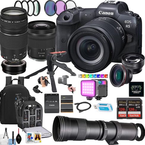 Canon EOS R5 Camera بدون مرآة ث/24-105 مم STM و EF 75-300mm Lens + 420-800mm Lens + Camera Backpack + More (26pc Bundle) (متجدد) in Saudi Arabia