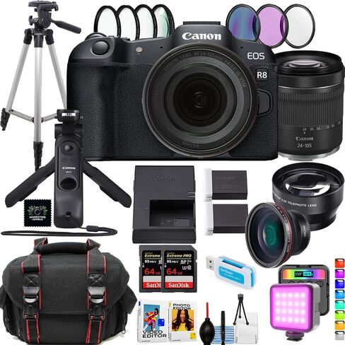 Canon EOS R8 Camera بدون مرآة ث/24-105 مم عدسة STM + HG-100TBR TRUPOD + 2PC SANDISK 64GB بطاقة الذاكرة المتطرفة + حالة الكاميرا + المزيد (حزمة 21pc) (متجددة) in Saudi Arabia